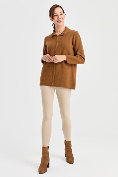 Desen Triko Women's Polo Collar Lace Embroidered Wool Cardigan K.Taba