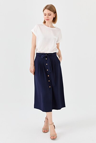 Desen Triko Жіноча спідниця з поясом і ґудзиками спереду, темно-синя