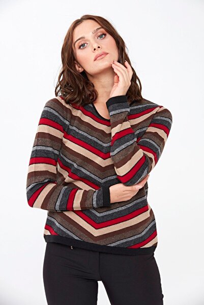 Desen Triko Γυναικείο πουλόβερ με ριγέ V λαιμόκοψη μαύρο