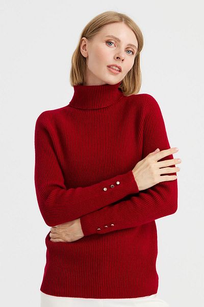 Desen Triko Women's Full Turtleneck Sleeve Buttoned Wool Sweater Red.