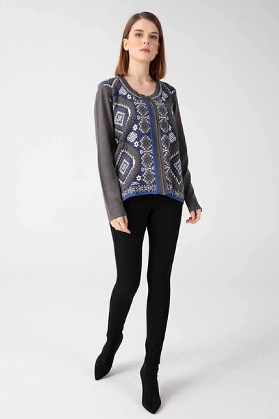 Desen Triko Women's Crew Neck Zippered Front Patterned Cardigan Melange