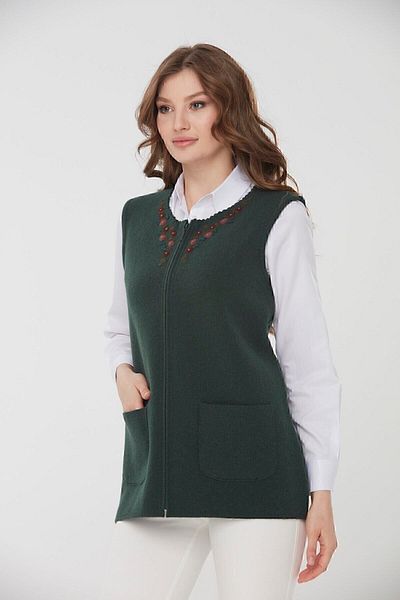 Desen Triko Women's Crew Neck Daisy Embroidered Wool Vest Green