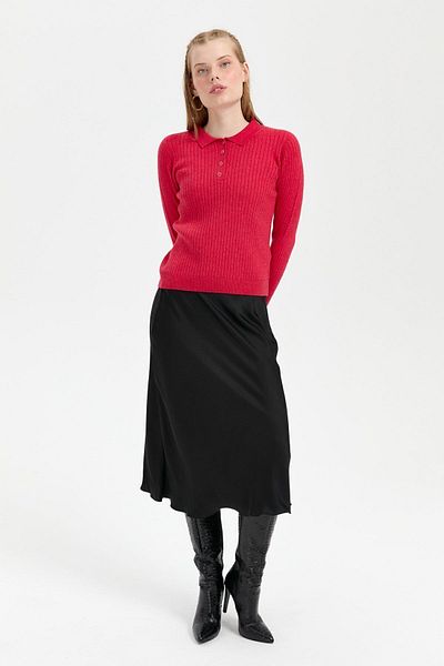 Desen Triko Red Women's Polo Collar Seamless Sweater