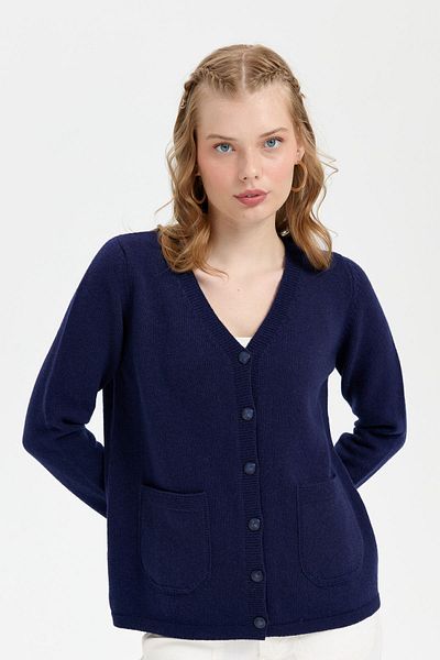 Desen Triko Γυναικεία μάλλινη ζακέτα Navy Blue V Neck Basic - Y.A