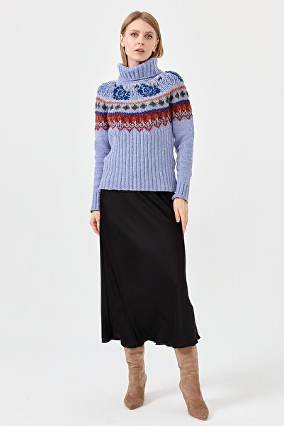 Desen Triko Pulover de lână cu model de trandafiri pentru damă G.albastru