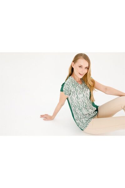 Desen Triko Women's Crew Neck Low Sleeve Mesh Pocket Combed Cotton Blouse Green