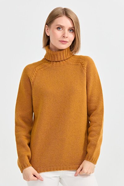 Desen Triko Mustard Colored Women's Wool Sweater - Full Turtleneck, Shoulder Braided