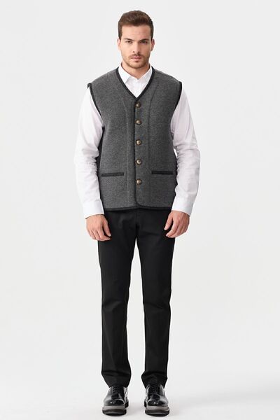 Desen Triko Men's V-neck Pique Woven Wool Vest with Felt Accessories, Smoked