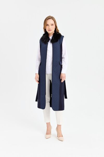 Desen Triko Жіночий комір з хутром, довгий жилет, темно-синій