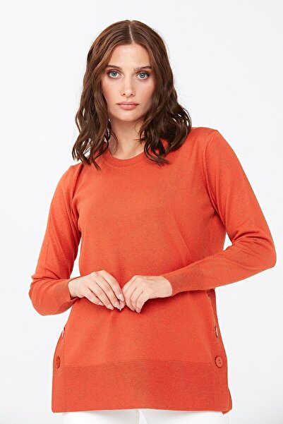 Desen Triko Γυναικεία Πλαϊνά και Φούστα με Κουμπιά Glitter Πουλόβερ Πορτοκαλί