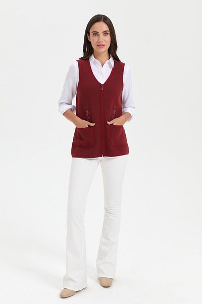 Desen Triko V.red Women's Wool Vest - V-neck, Pocket Top Embroidery