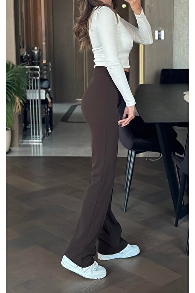 sea milano Kadın Kahve Çımalı Pantolon Yüksek Bel Likralı Esnek Beli Lastikli