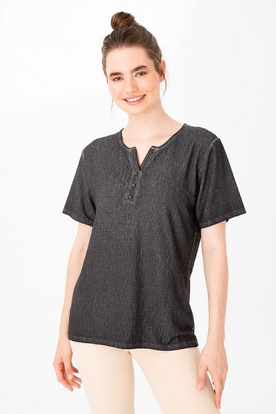 Desen Triko Women's Turn-down Collar Short Sleeve Jacquard Fabric Blouse Black