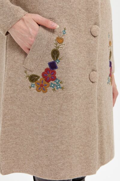 Desen Triko Beige Women's Long Wool Cardigan with Stand Collar and Embroidered Pocket