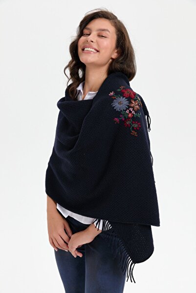 Desen Triko Navy Blue Women's Knitwear Wool Shawl - Brass Knitted Embroidered