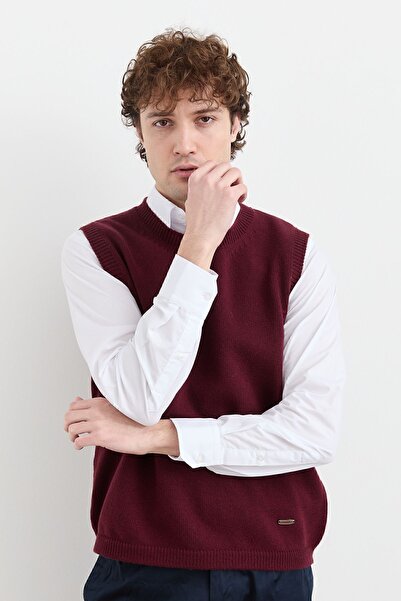 Desen Triko Men's Crew Neck Classic Wool Sweater Claret Red