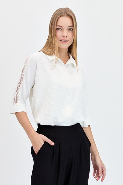 Desen Triko Women's Sleeve Lace Stripe Moroccan Shirt Ecru