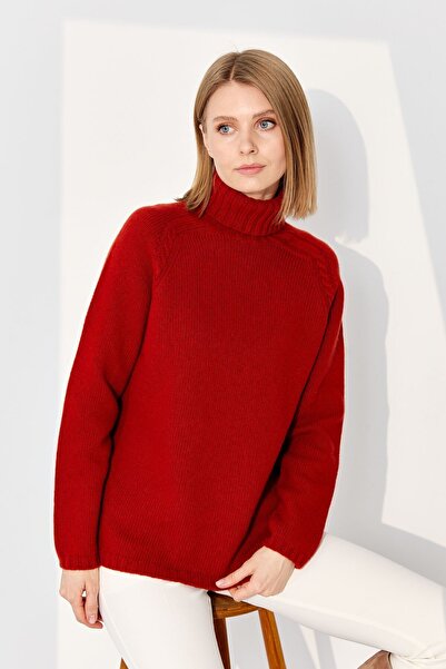 Desen Triko Γυναικείο μάλλινο πουλόβερ με πλήρες ζιβάγκο και λεπτομέρεια ώμου με πλεκτά μαλλιά - K.Tile