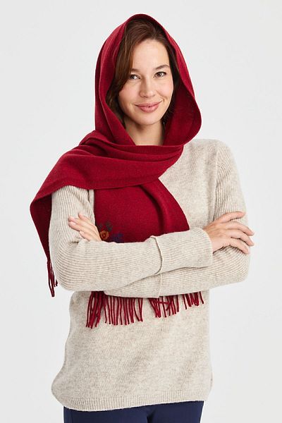 Desen Triko Women's Knitwear with Floral Edge Wool Scarf V.Red