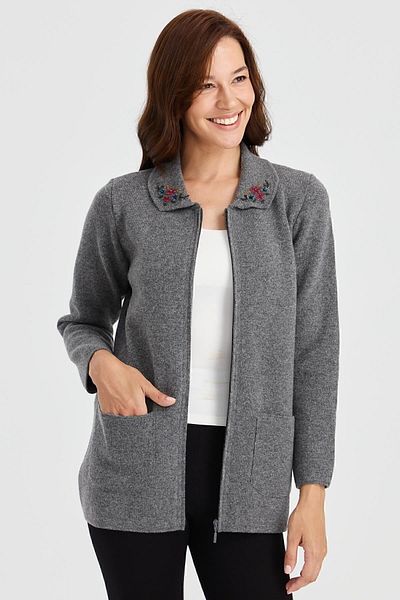 Desen Triko Women's Polo Neck Lace Embroidered Wool Cardigan Smoked