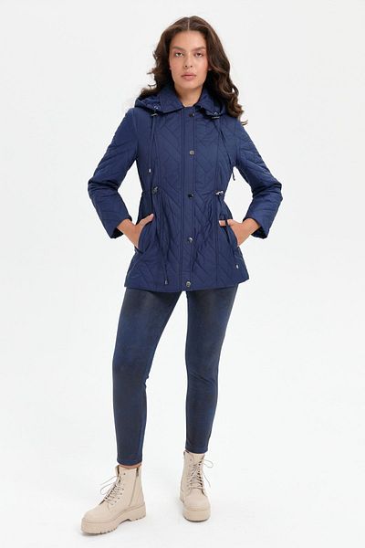 Desen Triko Navy Blue Women's Quilted Coat - Hooded and Waist Lace