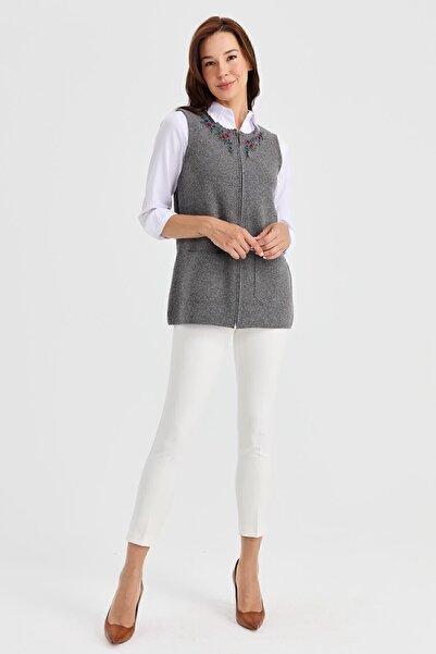 Desen Triko Women's Zero Collar Edge Lace Embroidered Wool Vest Smoked