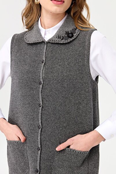 Desen Triko Women's Polo Neck and Pocket Crocheted Wool Vest Smoked