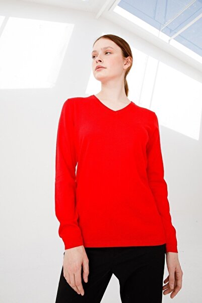 Desen Triko Women's Lycra Long Sleeve Basic V-Neck Blouse Coral