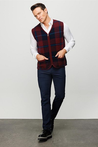 Desen Triko Men's V-Neck Front Checked Vest Claret Red