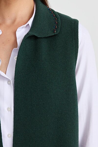 Desen Triko Kadın Polo Yaka Triko Renkli İşlemeli Uzun Yün Yelek Yeşil