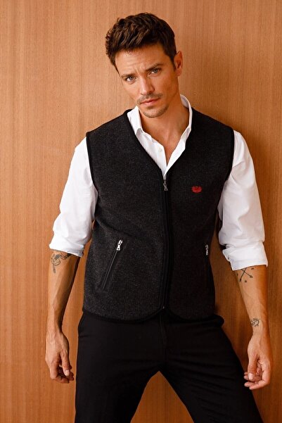 Desen Triko Чоловічий трикотажний жилет з блискавкою та кишенями, чорний