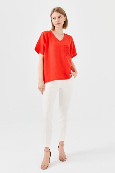 Desen Triko Women's V-Neck Pocket Mesh Linen T-shirt Orange