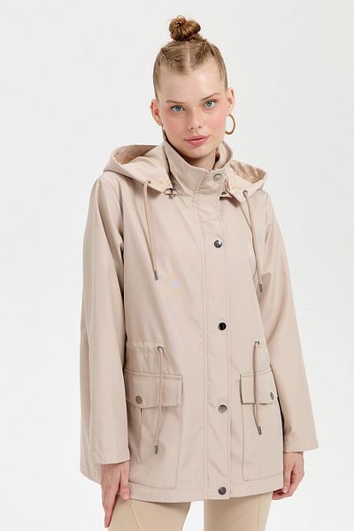 Desen Triko Beige Women's Trench Coat - Hooded, Flap Pocket, Short