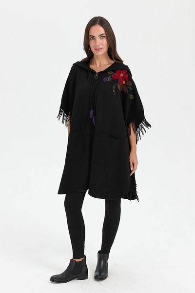 Desen Triko Black Shoulder Floral Hooded Women's Poncho