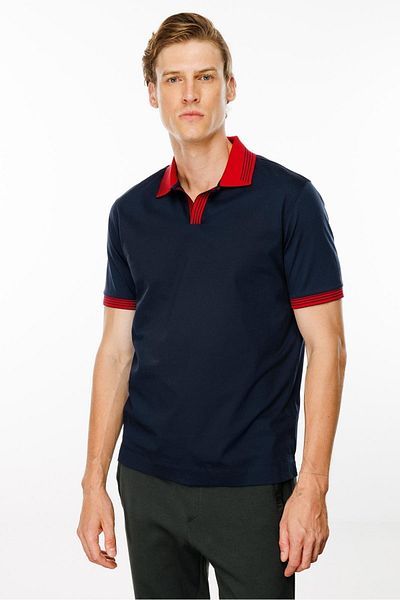 Desen Triko Ανδρικό μπλουζάκι Navy Blue - Polo γιακά, ριγέ μανίκια και πέτο