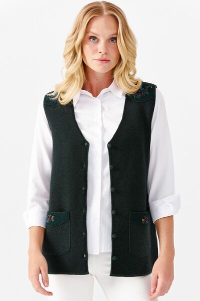 Desen Triko Women's V-Neck Shoulder Pocket Cover Felt Embroidered Buttoned Vest Green