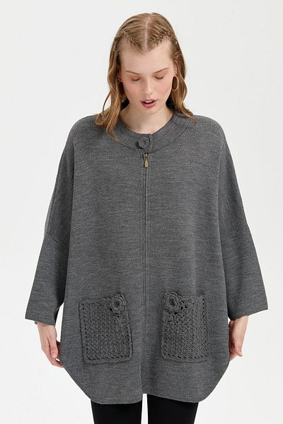Desen Triko Gray Melange Women's Poncho - Stand Collar, Pocket Rose Embroidered, Zippered Short Poncho