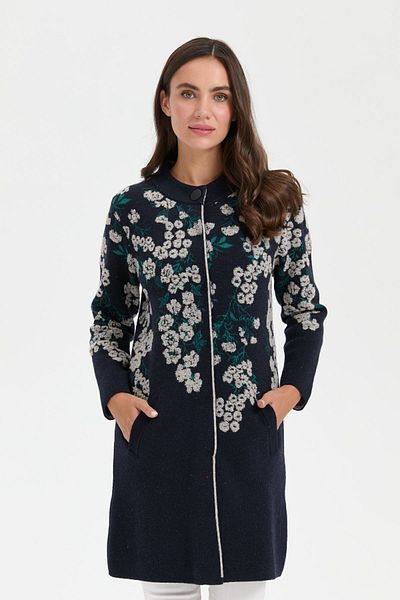 Desen Triko Cardigan de lână pentru femei bleumarin - Guler în picioare și imprimeu floral