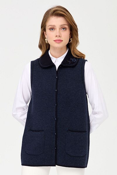 Desen Triko Women's Polo Collar and Pocket Crocheted Wool Vest Dark Blue