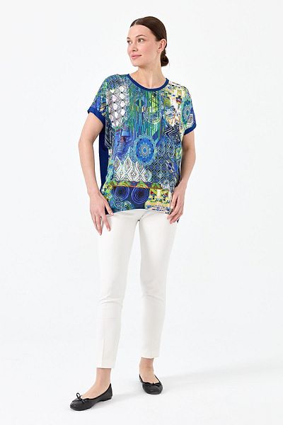 Desen Triko Tricou Saks, din bumbac pieptănat, cu model în față, cu gât crew