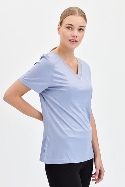 Desen Triko Tricou de damă cu decolteu în V din bumbac pieptănat cu dungi Albastru