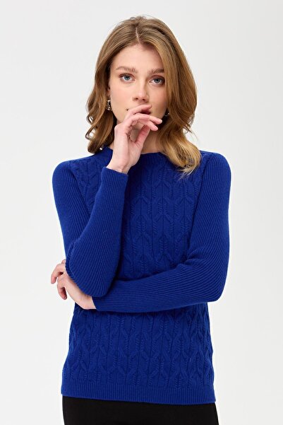 Desen Triko Pulover de lână cu gât în față pentru femei KSBlue