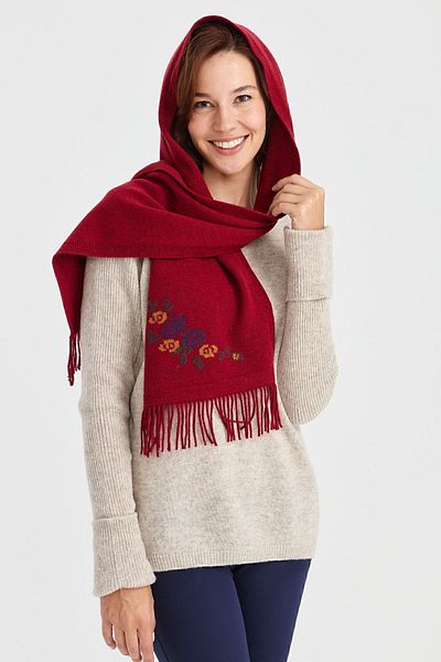 Desen Triko Women's Knitwear with Floral Edge Wool Scarf V.Red