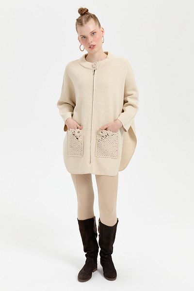 Desen Triko Women's Stand Collar and Zippered Rose Embroidered Poncho - T. Melange