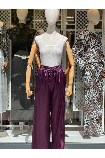 Fiori Pantaloni din satin prune - cu talie elastică