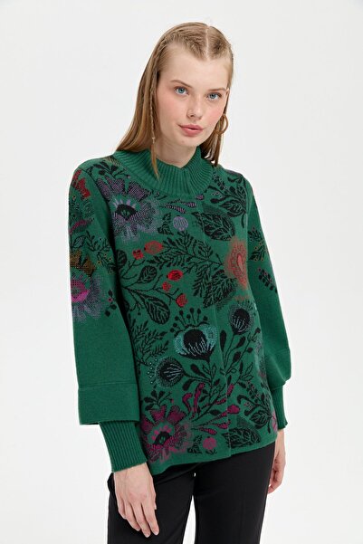 Desen Triko Palton de damă din lână cu guler în picioare cu imprimeu floral c...