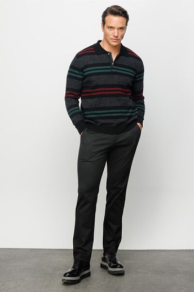 Desen Triko Ανδρικό μπλουζάκι πόλο με πολύχρωμο ριγέ χοντρό μάλλινο πουλόβερ μαύρο