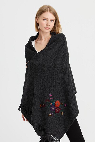 Desen Triko Women's Knitwear Brass Knitted Embroidered Wool Shawl Dark Gray