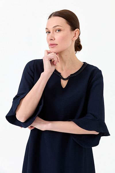 Desen Triko Accesoriu lant pentru guler Rochie de in Albastru bleumarin
