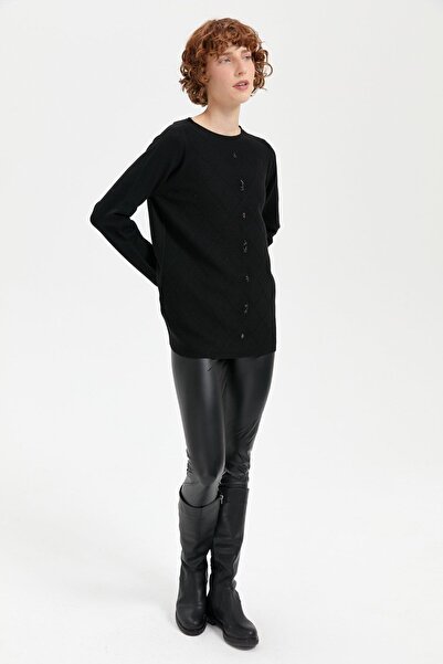 Desen Triko Black Women's Sweater - Null Collar, Seamless and Checkered Front